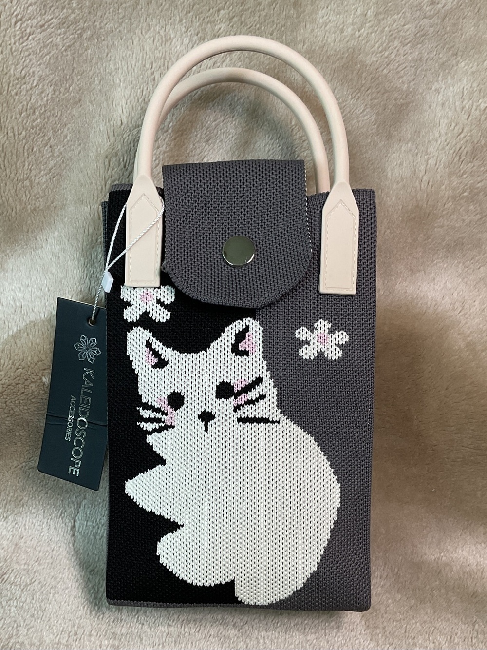 Gray Knit Mini Bag with White Cat Motif and Cream Handles Crossbody